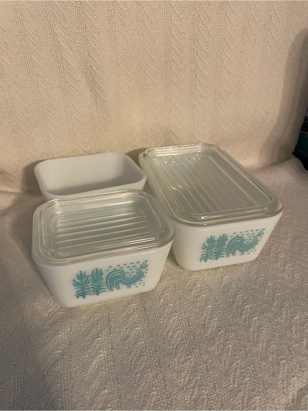 Pyrex Glass Refrigerator Storage Set with Teal Floral Rooster Motif - 5 Piece
